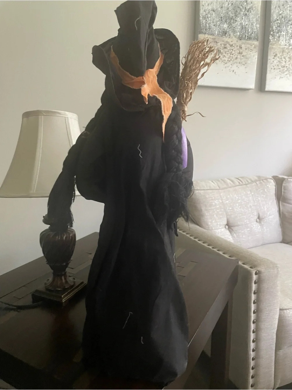 Halloween Fabric Witch Prop Figure w/ Broom Pumpkin - Black Purple